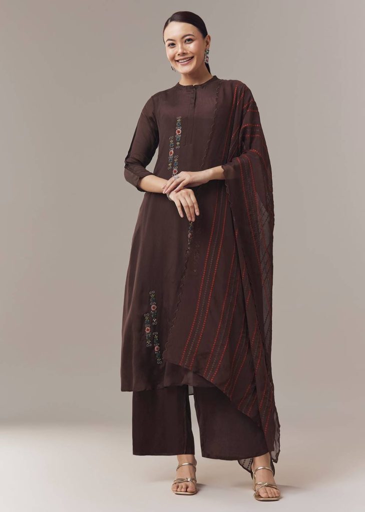 Brown Anarkali Suit With Beads Cut Dana And Resham Work And Dupatta

