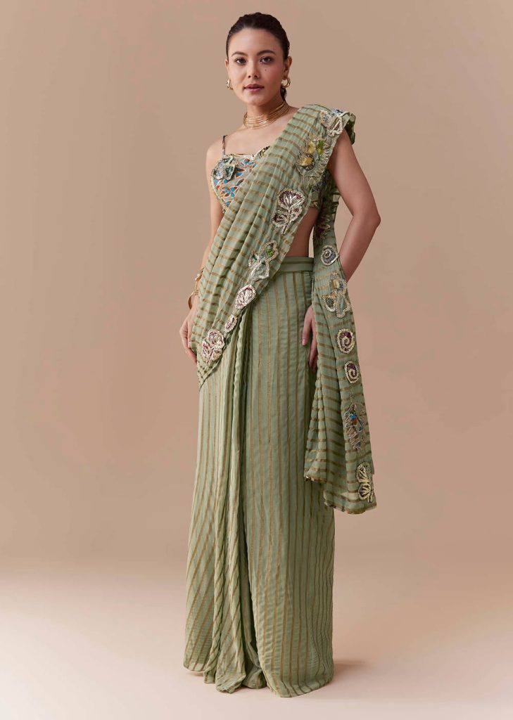 Green Pre Pleated Printed Saree with Gota Blouse