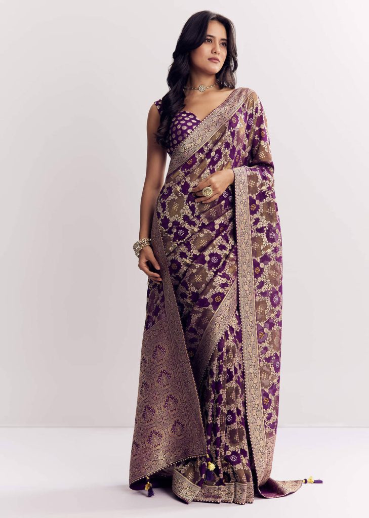 Purple Shaded Georgette Ready To Wear Saree With Zari Jaal Work