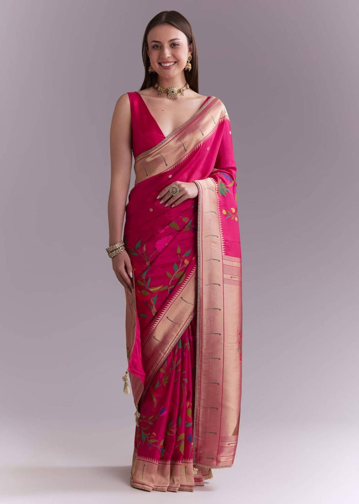 Pink Silk Muniya Paithani Saree With Multicolour Floral Motifs