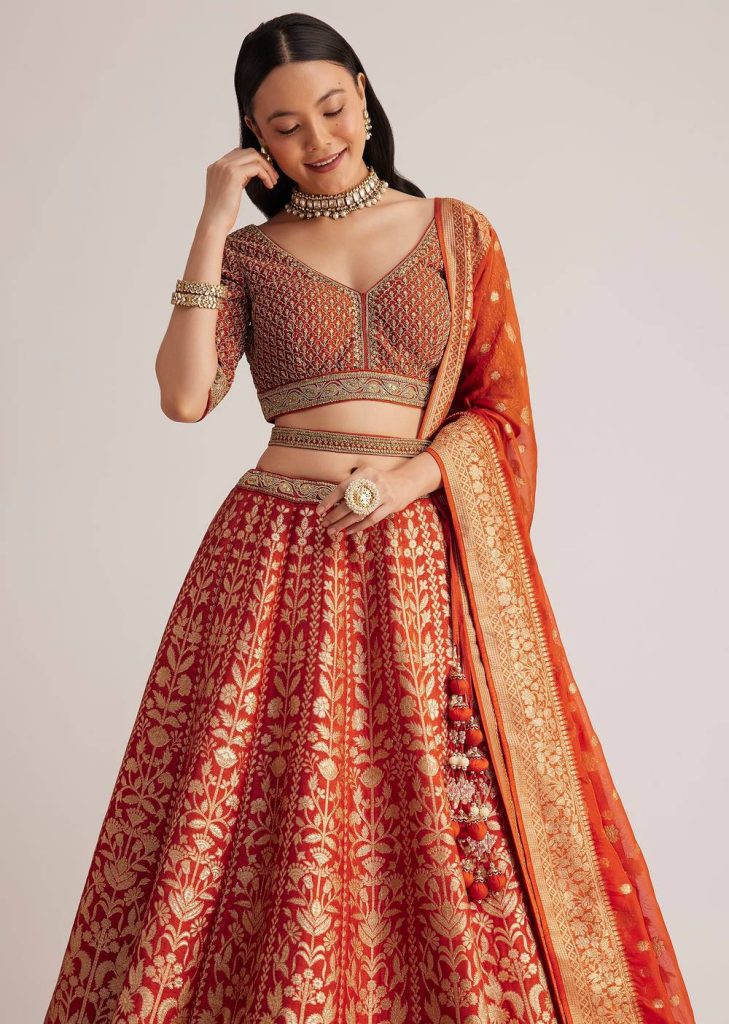 Burnt Orange Brocade Embroidered Lehenga Set