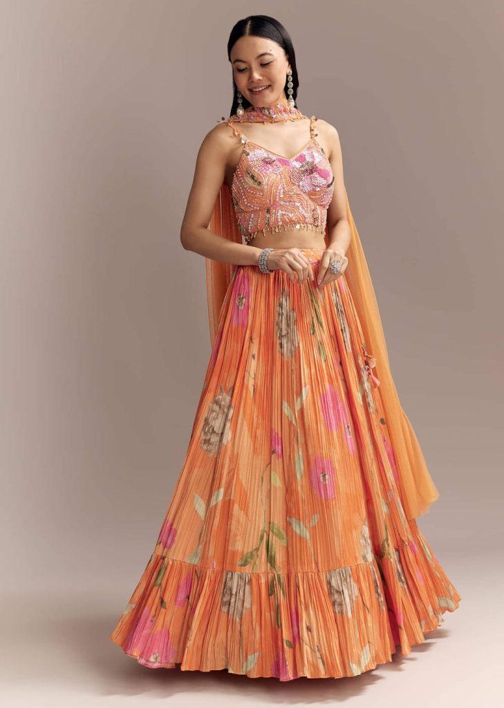 Orange Crepe Bridesmaid Lehenga With Multicolour Floral Print
