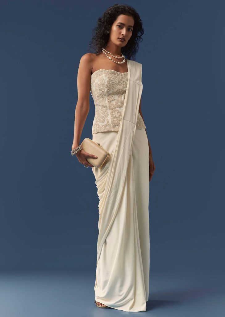 Off White Pre-Draped Saree with Corset Blouse