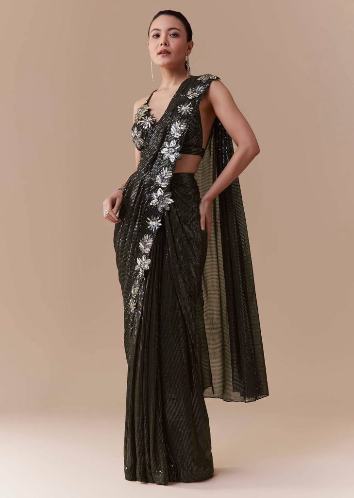 Black Ready Pleated Georgette Saree with Sequin Wor Blouse