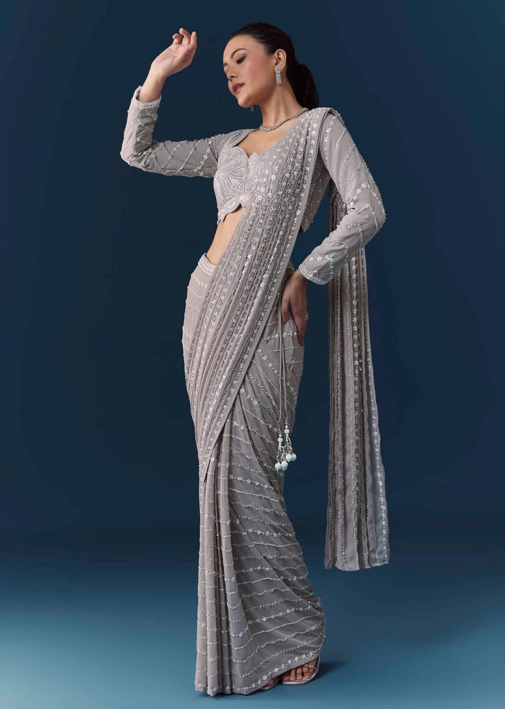 Grey Ready Pre Pleated Saree with Resham Blouse