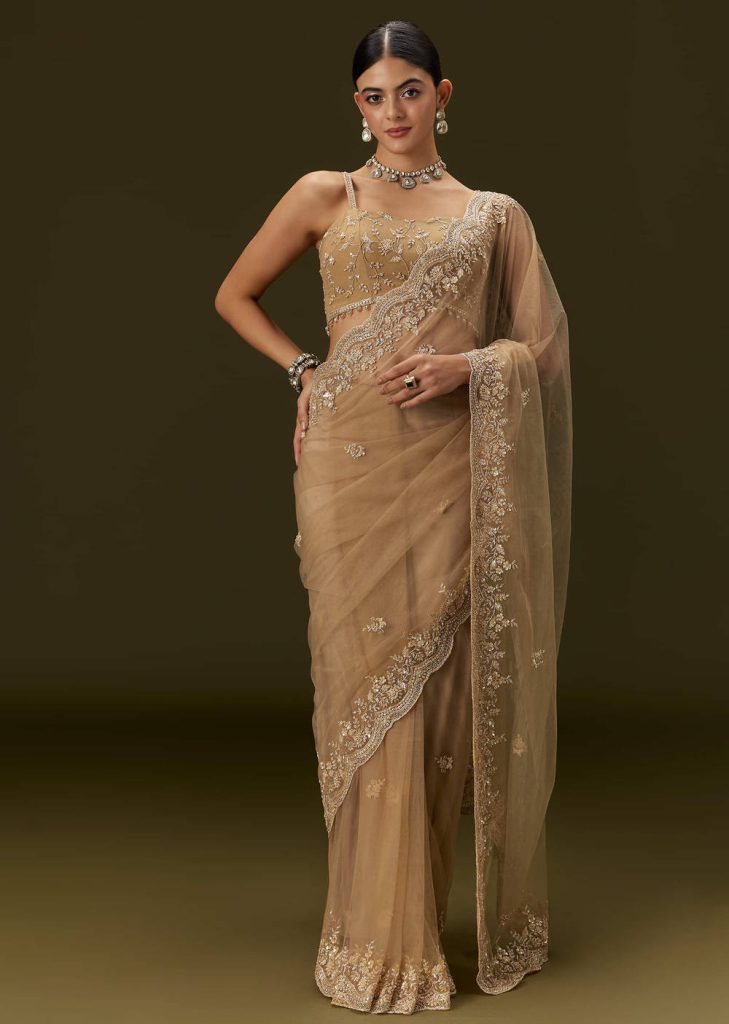 Beige Net Saree With All Over Heavy Embroidery