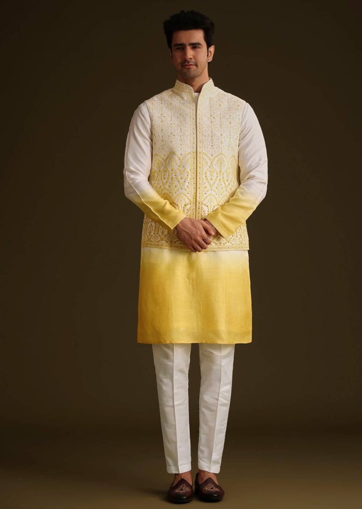 Yellow Ombre Silk Kurta Set With Dori Work Embroidered Jacket