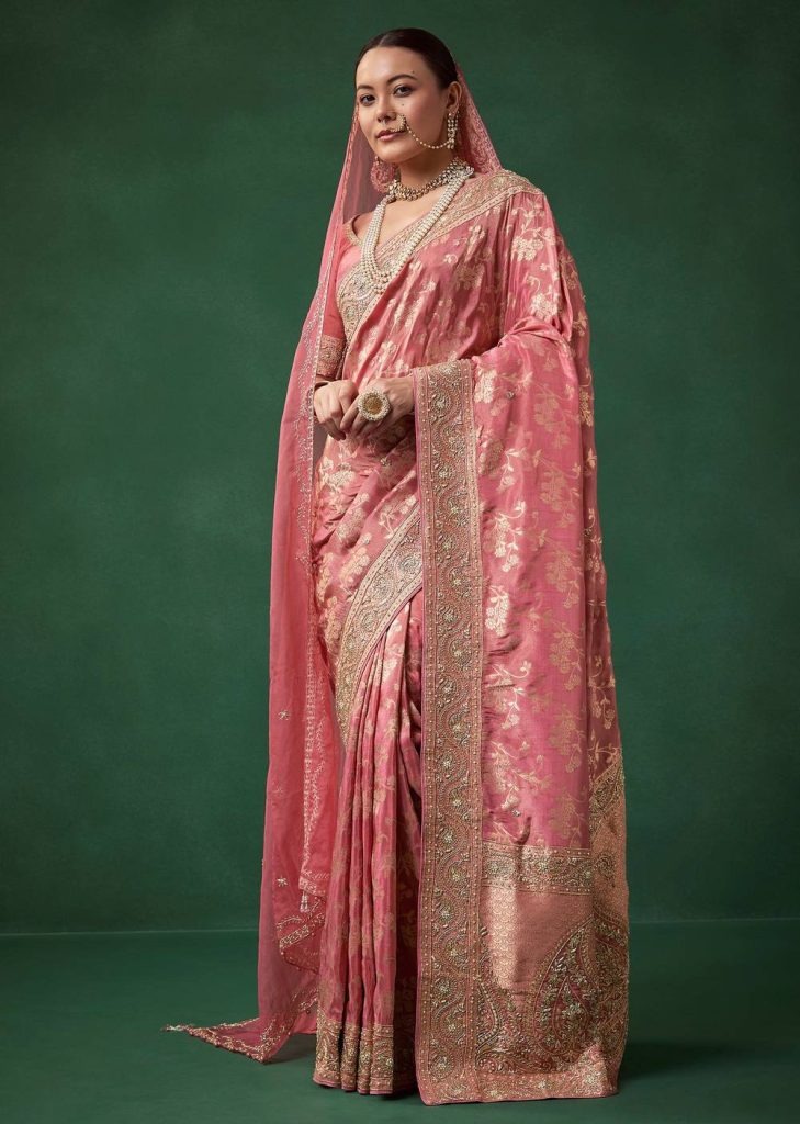 Pink Banarasi Silk Floral Jaal Weave Saree with Unstitched Blouse
