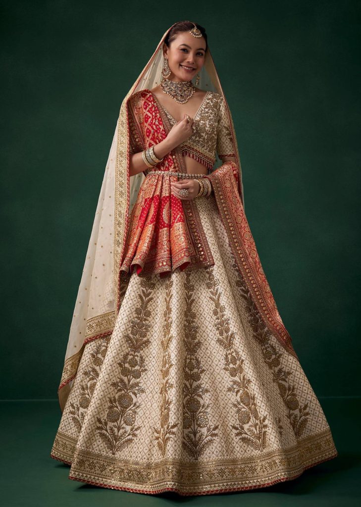 Off White Embroidered Bridal Lehenga Sets with Two Dupattas
