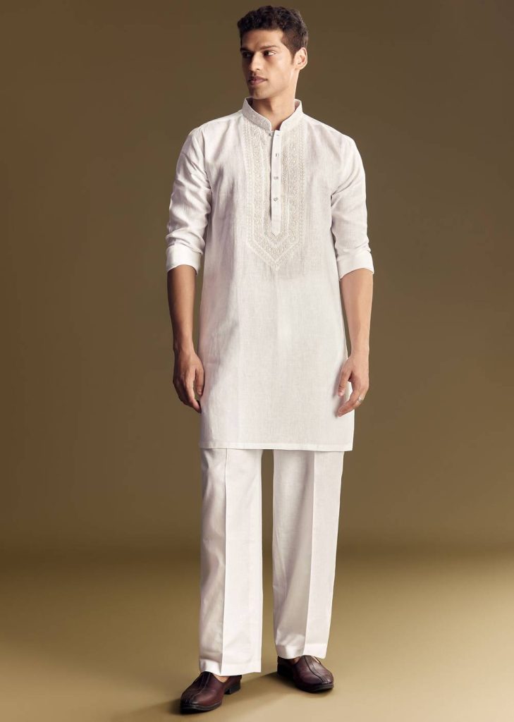 White Linen Kurta Set With Thread Embroidery