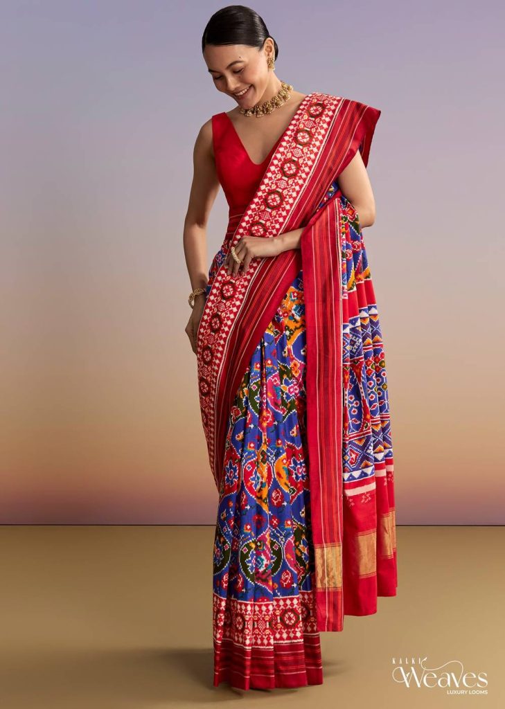 Blue Silk Double Ikkat Handwoven Patola Saree With Floral Motifs