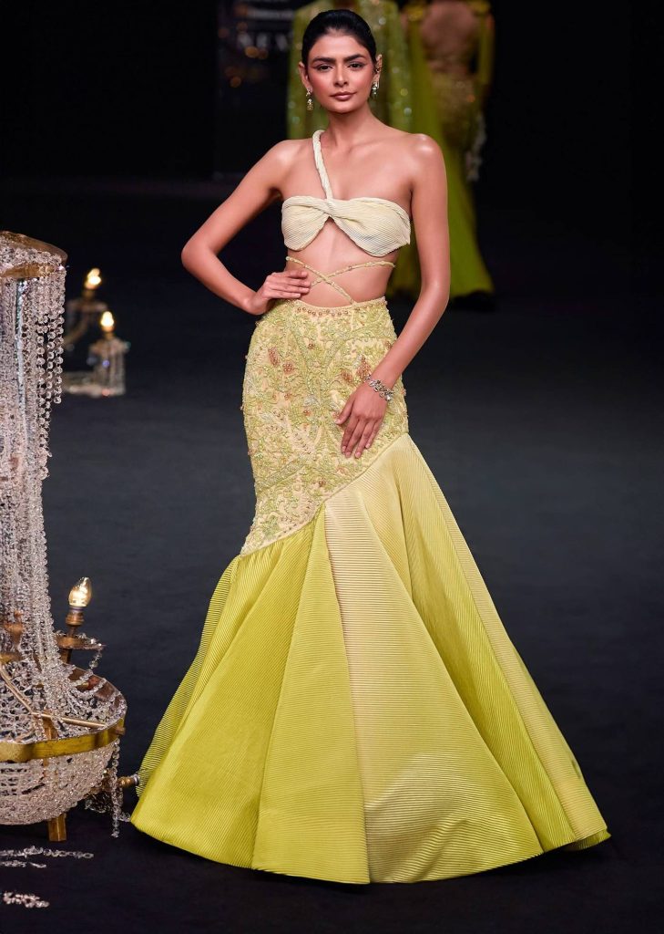 Citrus Green Pre Pleated Fish Cut Skirt And Choker Dupatta Set