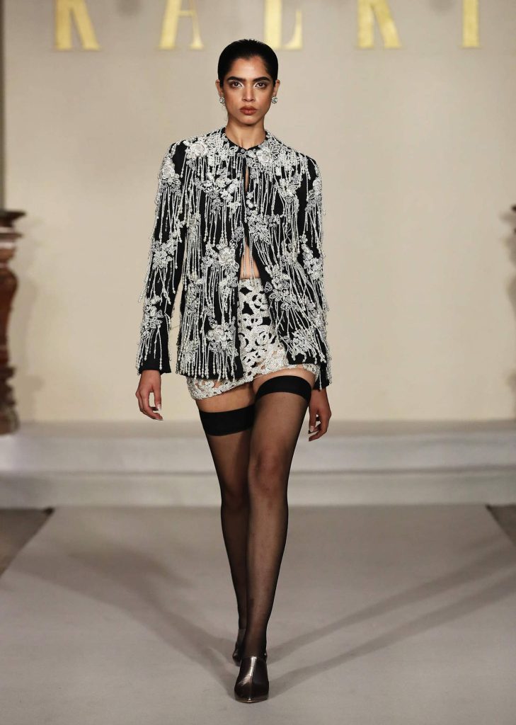 Black Net Indo Western Jacket And Skirt Set With Pearl Embroidery