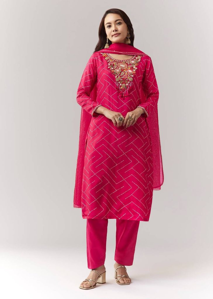 Pink Printed Kurta Pant Set With Embroidered Yoke And Dupatta
