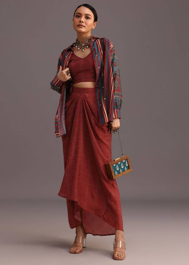 Red Ajrakh Printed Shirt And Croptop With Draped Skirt