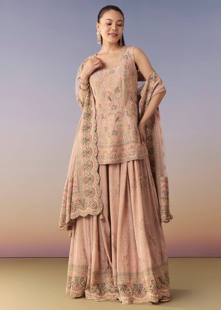 Peach Indie Printed Palazzo Set With Dupatta