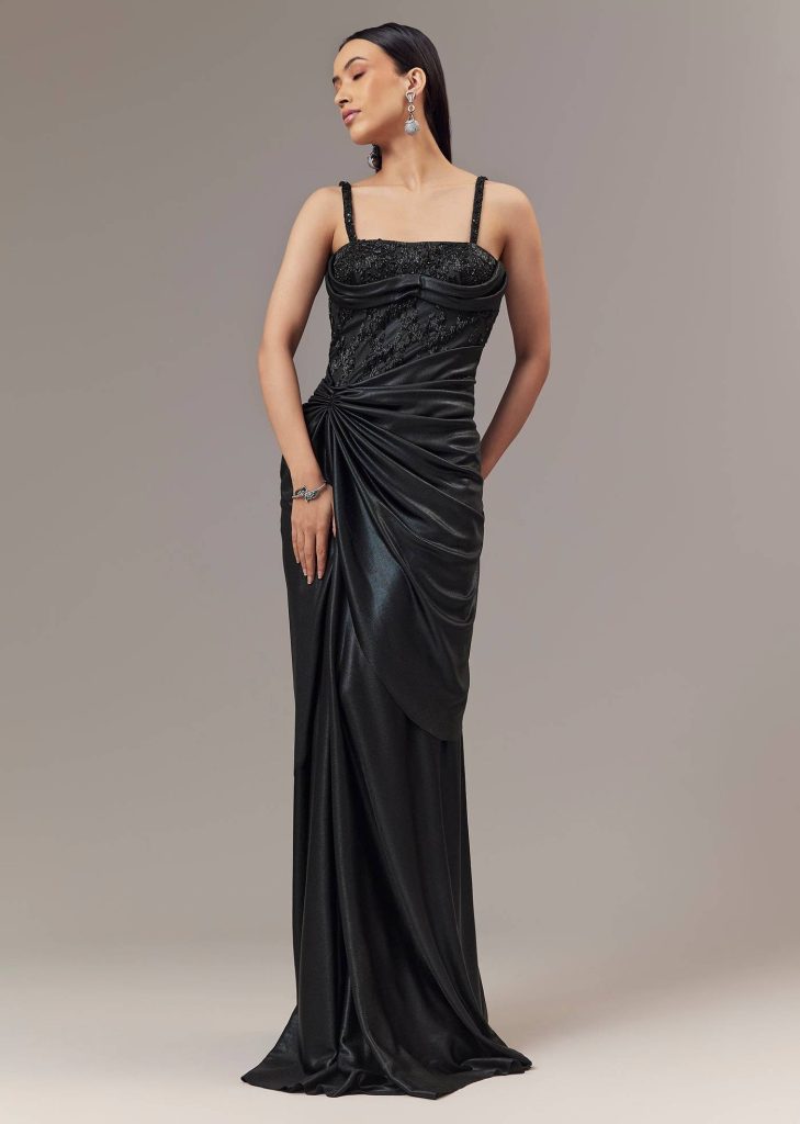 Black Contemporary Corset Gown With Pearl Bead And Sequin Embellishments