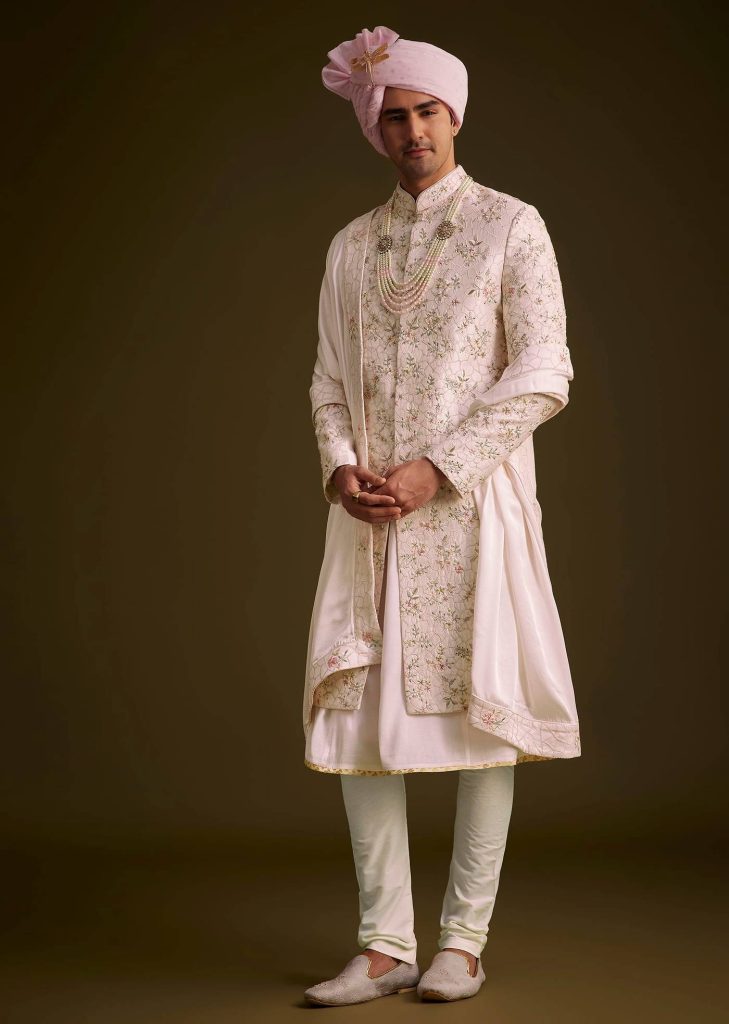 Pink Floral Embroidered Sherwani With Pearl Detailing