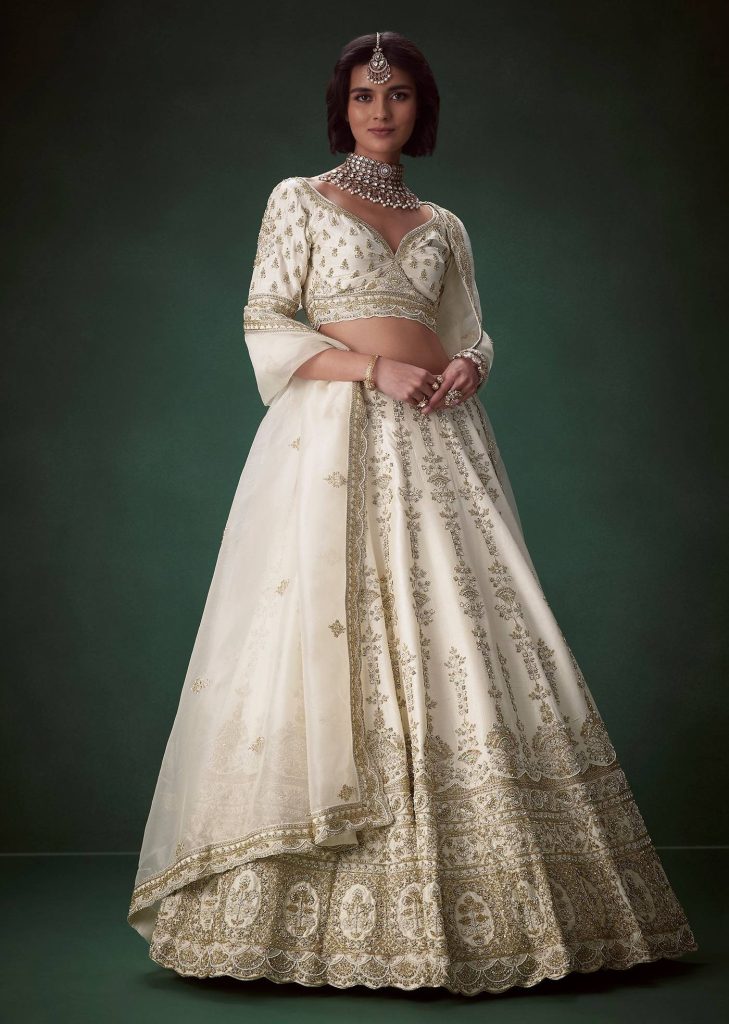 Ivory Resham Embellished Silk Bridal Lehenga Set with Two Duapattas