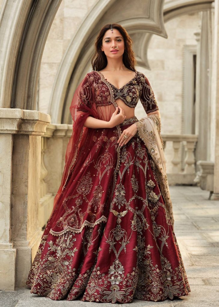 Red Velvet Bridal Lehenga With Cutdana Beads And Sequins Embroidery