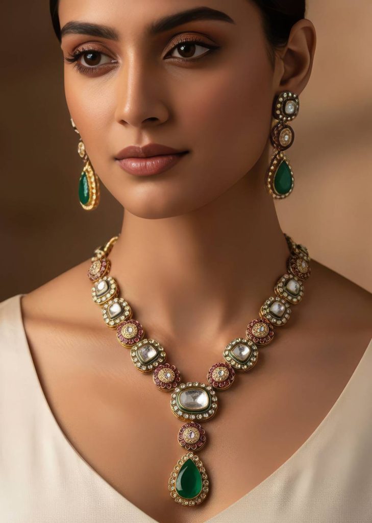 Gold Finish Kundan Long Necklace Set With Central Emerald Drop Pendant And Ruby Pearl Accents