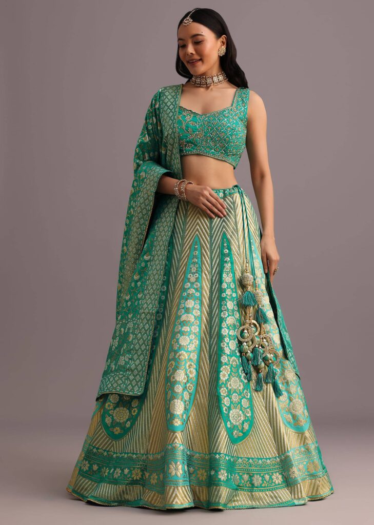 Aqua Green Banarasi Silk Embroidered Lehenga
