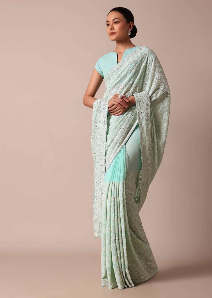 Blue Lucknowi Chikankari Saree With Sequin Work And Unstitched Blouse Piece

