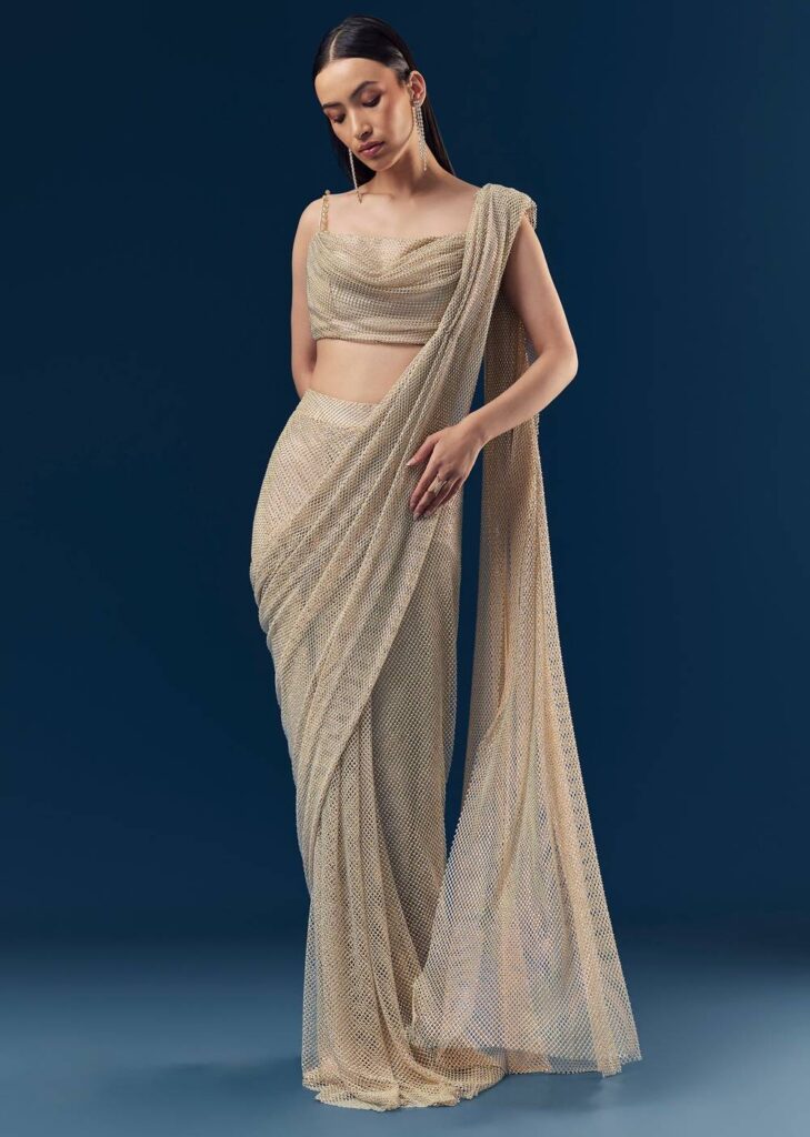 Champagne Beige Ready-Pleated Saree, 
