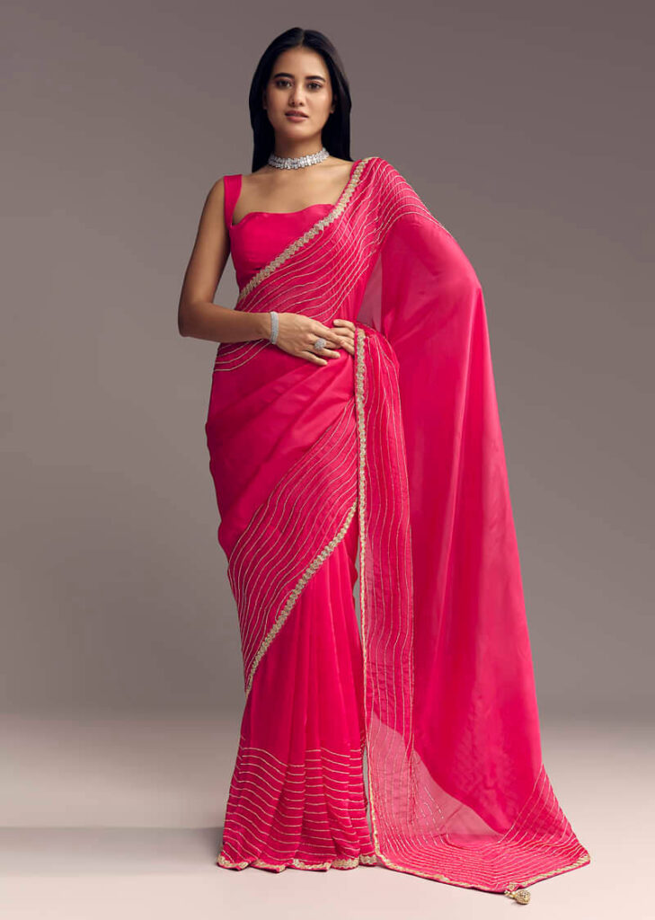 Hot Pink Organza Saree With Stone And Cut Dana Work
