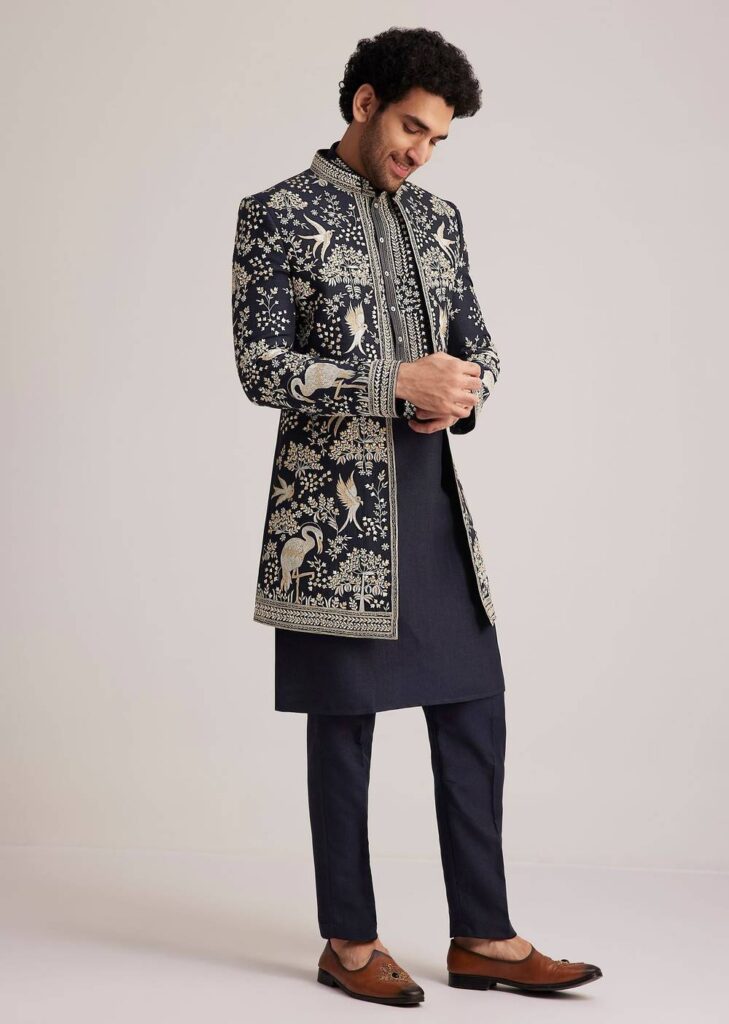 Navy Blue Embroidered Sherwani Kurta Set

