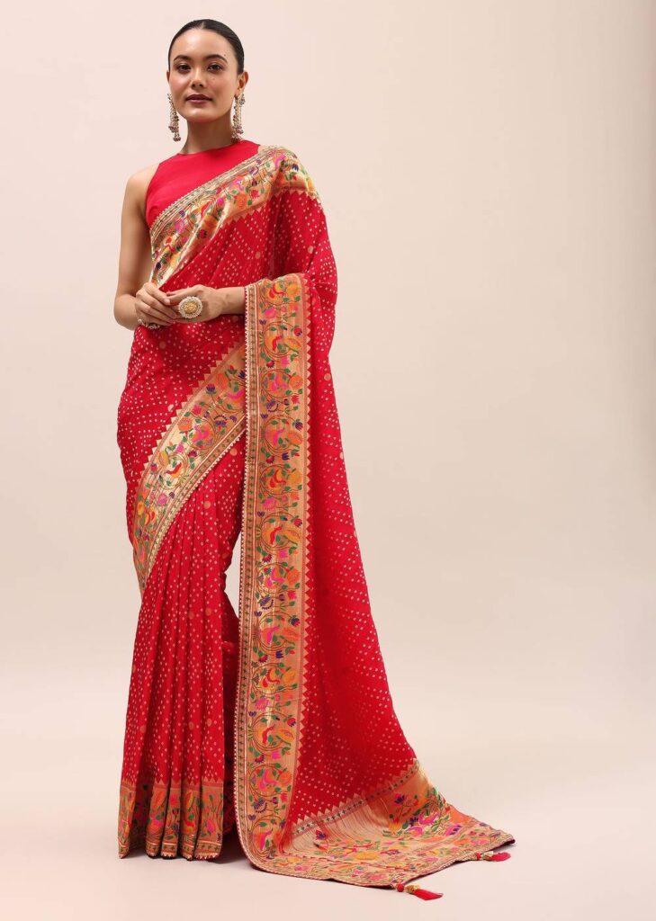 Red Bandhani Silk Saree With Unstitched Blouse

