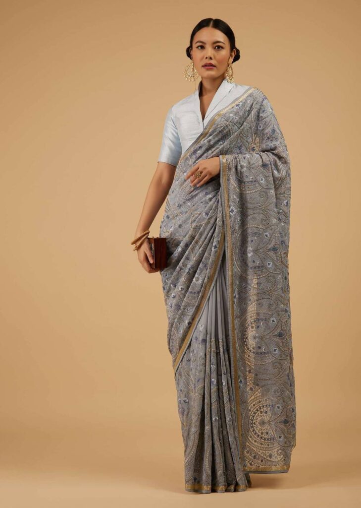 Powder Blue Saree Kashmiri Embroidered In Georgette
