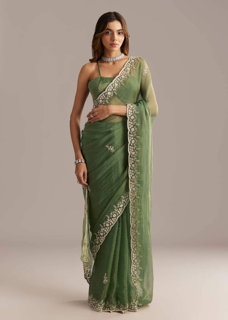 Green Crush Tissue Saree With Floral Embroidery And Stones
