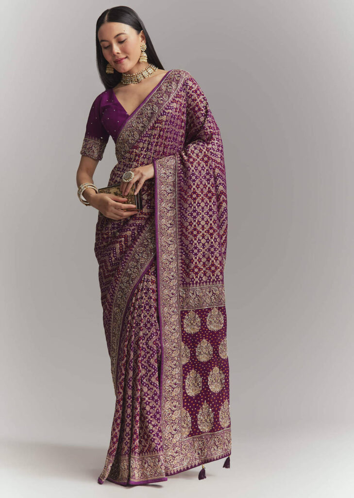 Purple Banarasi Georgette Embroidered Saree With Heavy Hand Embroidery
