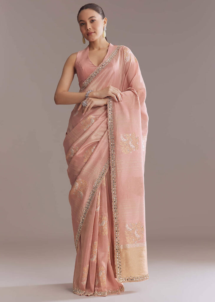 Rose Pink Tissue Saree With Zardosi And Mirror Embroidery
