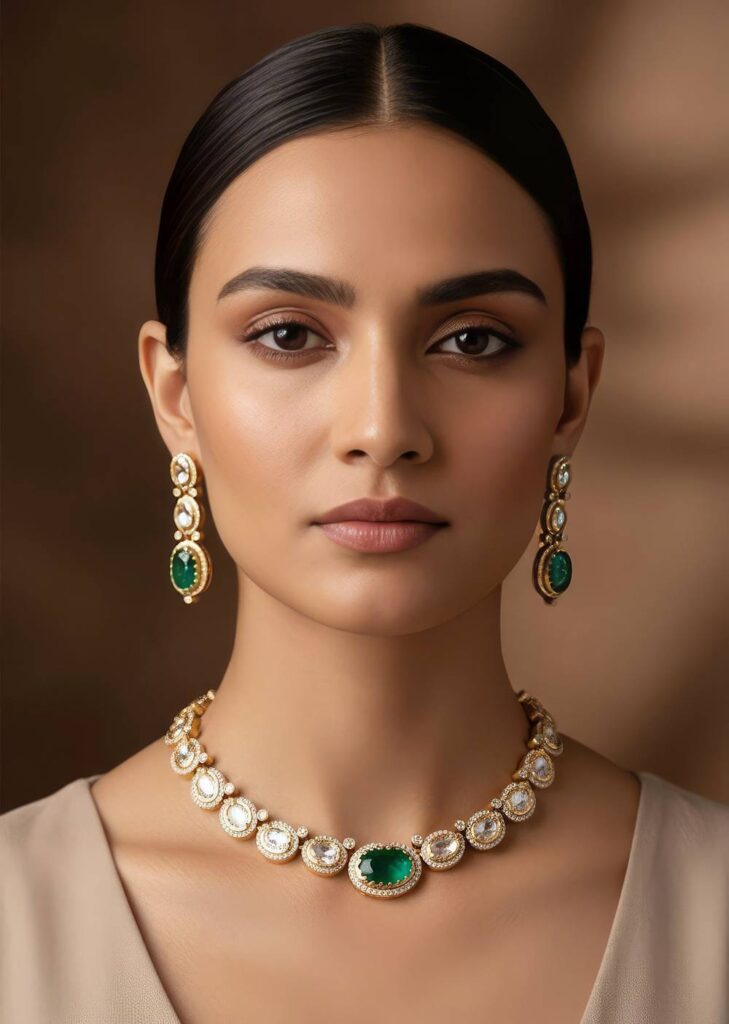 Green and Gold Finish Necklace Set In Polki With Emerald Accents

