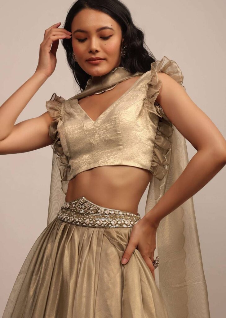 Golden Sleeveless Blouse In Satin Glam Gold With Ruffle Sleeve Frill
