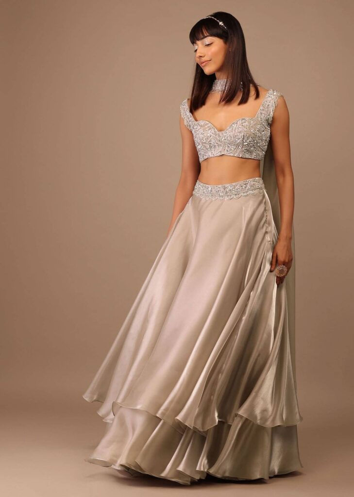 Oyster Organza Layered Skirt With Sleeveless Hand Embroidered Crop Top

