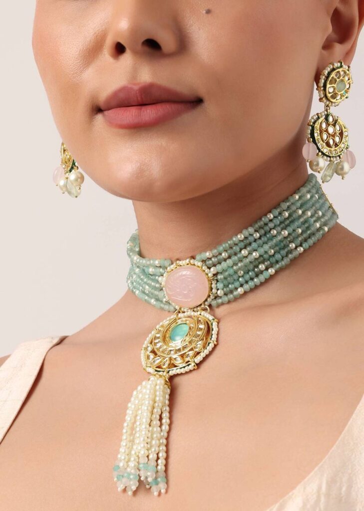 Pink And Green Pendant Necklace Set With Encrusted Kundan

