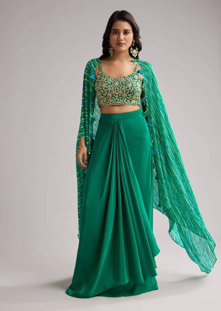 Green Zardosi Cape Set With Crop Top And Skirt

