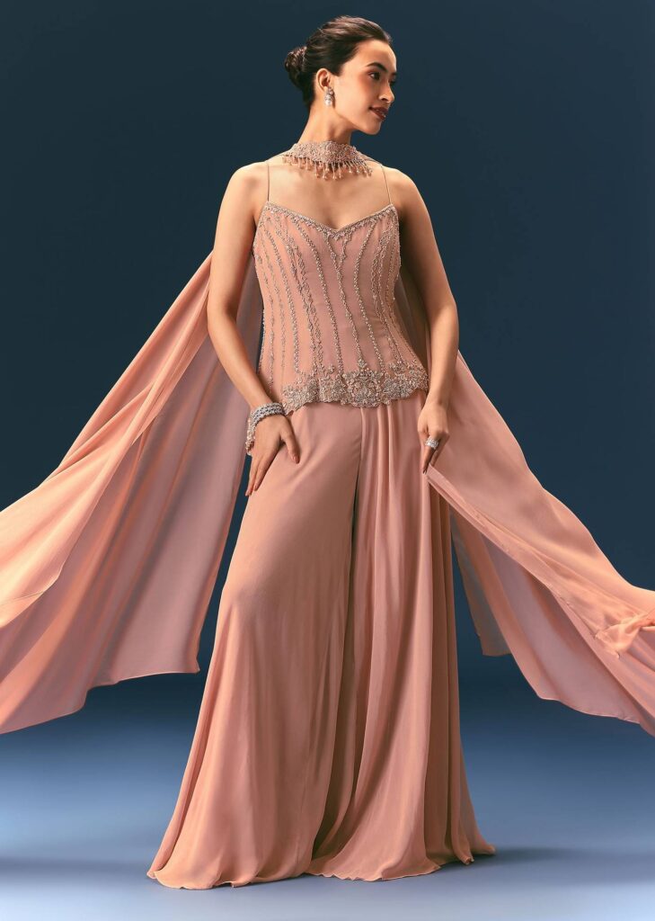 Dusty Pink Hand Embroidered Sharara Suit With Choker Dupatta

