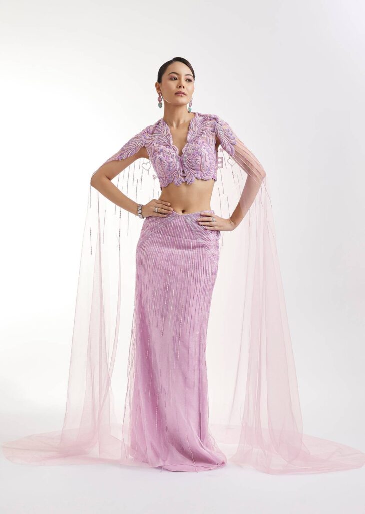 Lilac Organza Drape Saree And Blouse With Cape
