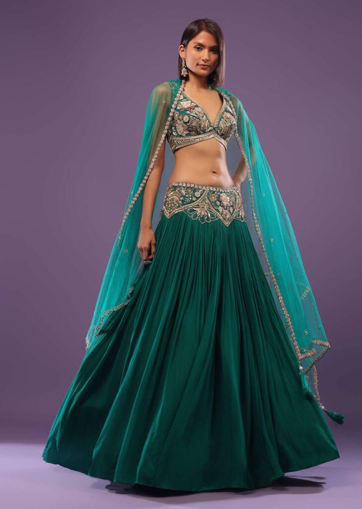 Emerald Green Embroidered Lehenga Set In Georgette
