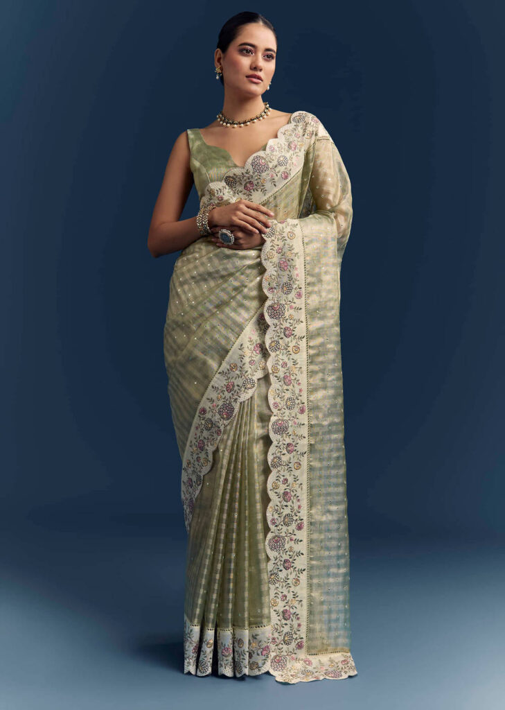 Pista Green Tissue Organza Woven Saree With Heavy Hand Embroidery

