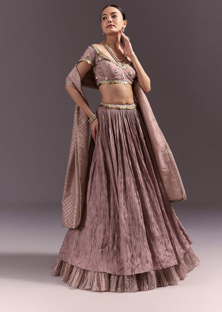 Purple Tussar Lehenga Set With Copper Coin Metal Embroidery
