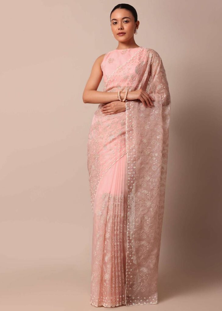Pink Saree In Organza Silk With Chikankari Floral Work And Unstitched Blouse Fabric

