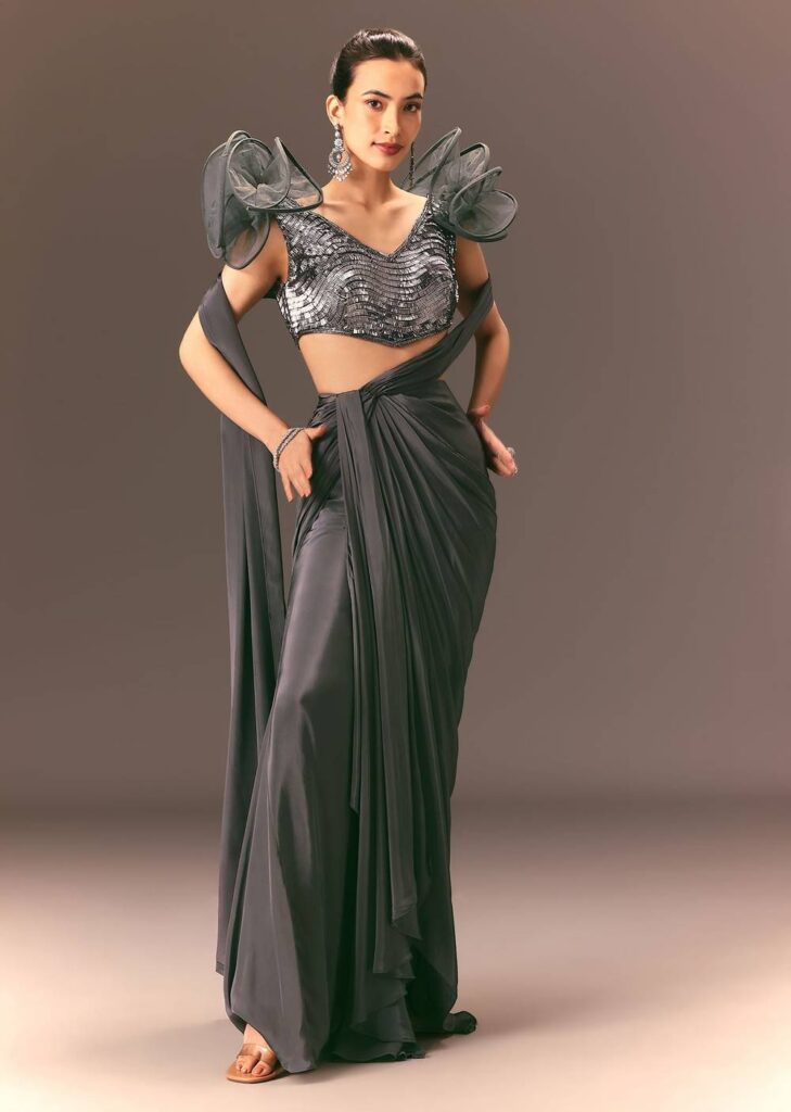 Metallic Pre Draped Saree With 3D Ruffle Blouse
