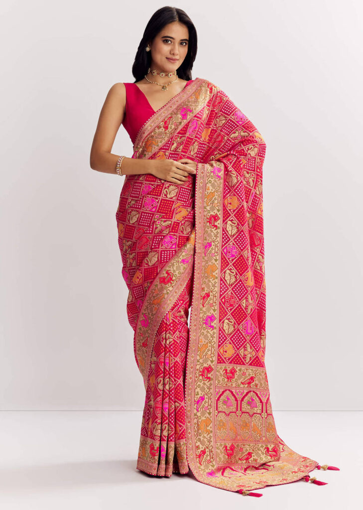 Rani Dola Silk Bandhani Saree With Multicolor Animal Motifs And Gota Border

