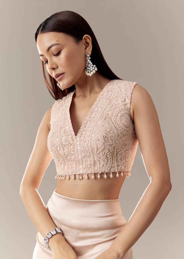 Peach Cut Dana V Neck Tassel Blouse
