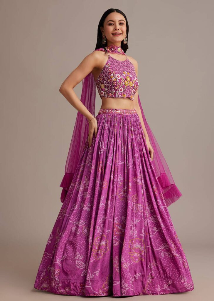 Pink Hand Embroidered Choli With Bandhani Print Lehenga
